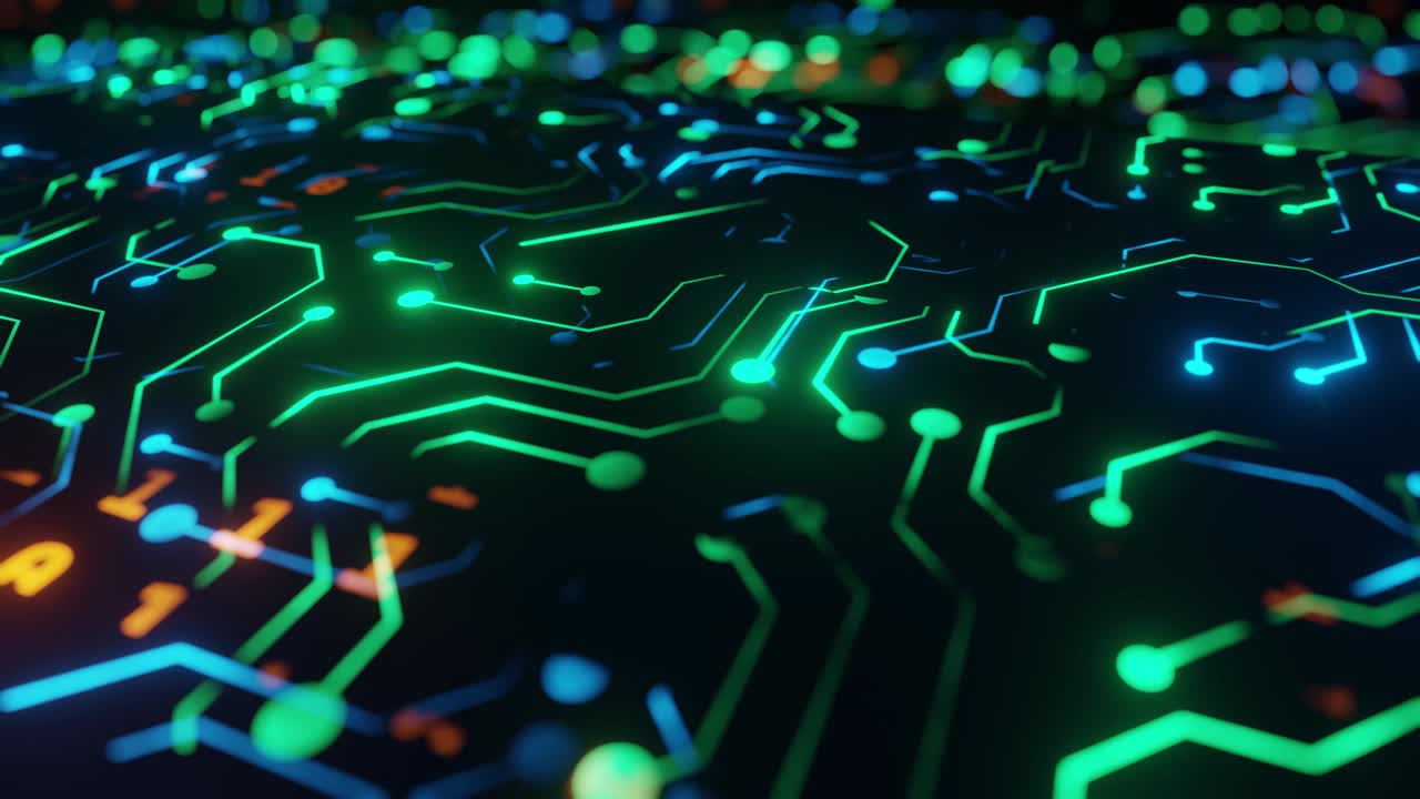 4k 추상적인 다크 디지털 그리드 회로판 데이터 통신 기술 배경 영상 데이터 그리드 수학 공식