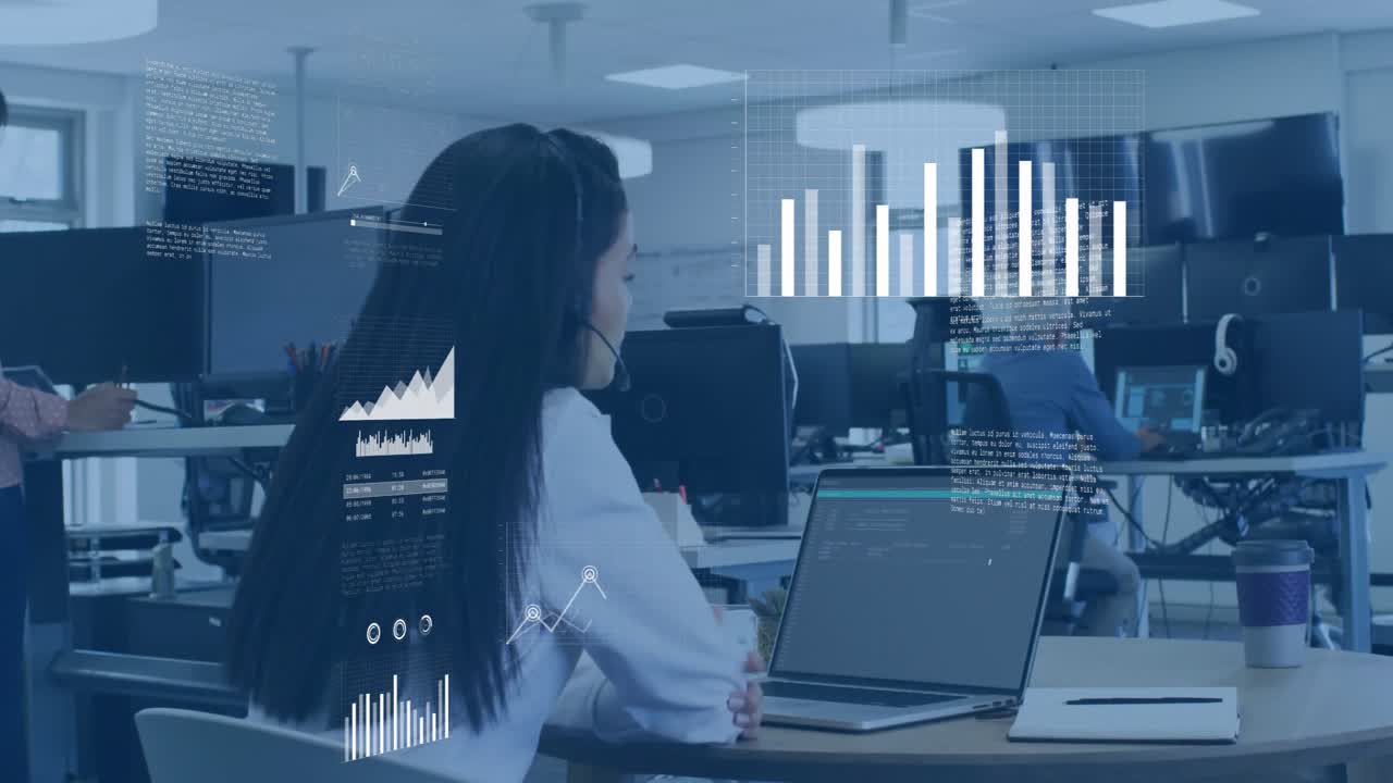 Seated woman adjusting headset and starting business data overlay showing chart and map for review