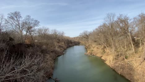 río baldío que fluye a través de árboles moribundos al atardecer