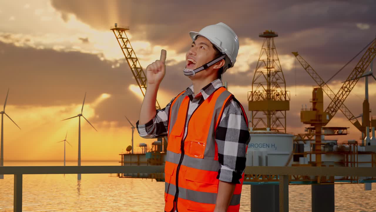 안전 헬을 입은 아시아 남성 엔지니어가 생각하고 주위를 둘러보며 지표손가락을 올리고 해상 수소 생산에 서 있습니다.