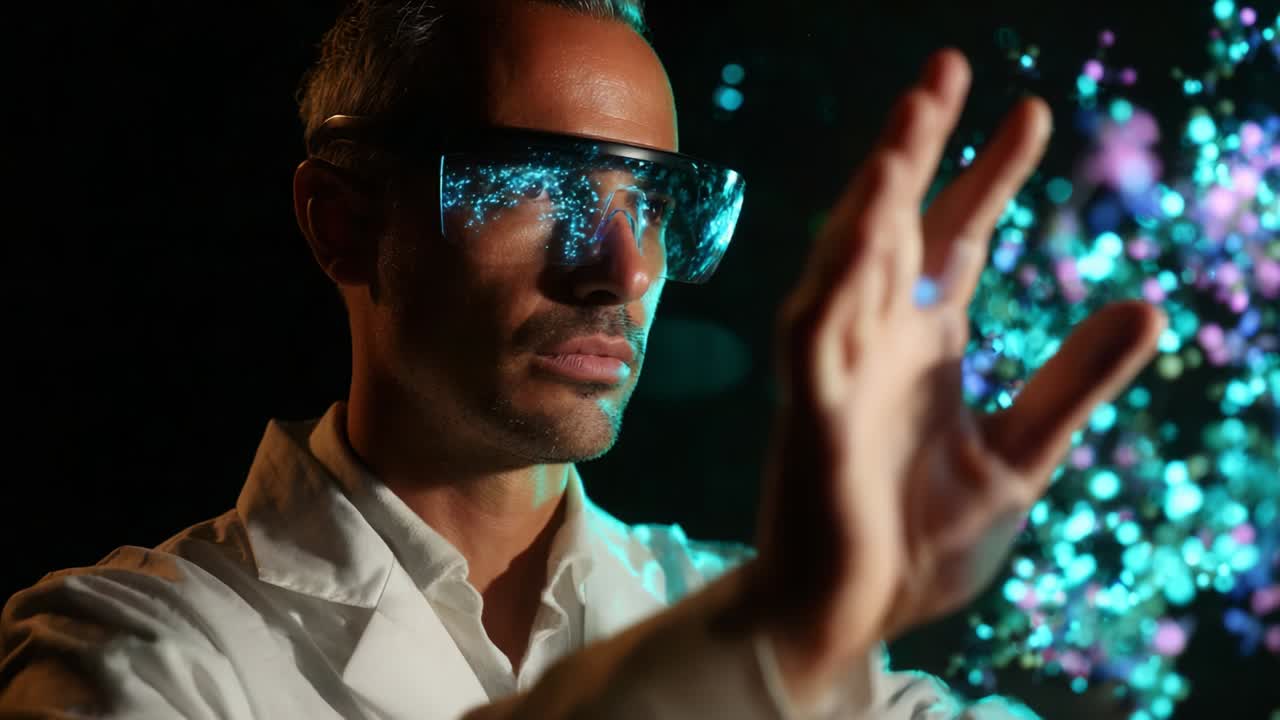 Uno scienziato concentrato in camice da laboratorio utilizza tecnologie avanzate per esplorare e manipolare vivaci display olografici di dati e particelle dinamiche, mettendo in mostra l'intersezione tra innovazione e scienza in un'esperienza visiva affascinante