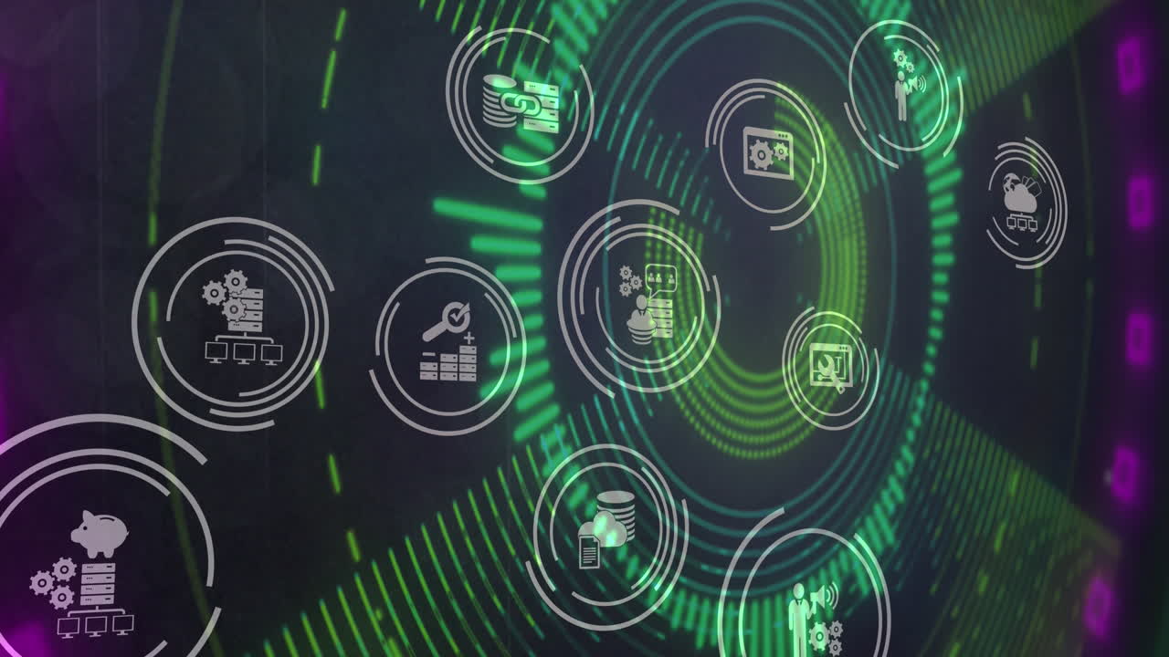 Animation of digital icons over glowing neon tunnel background
