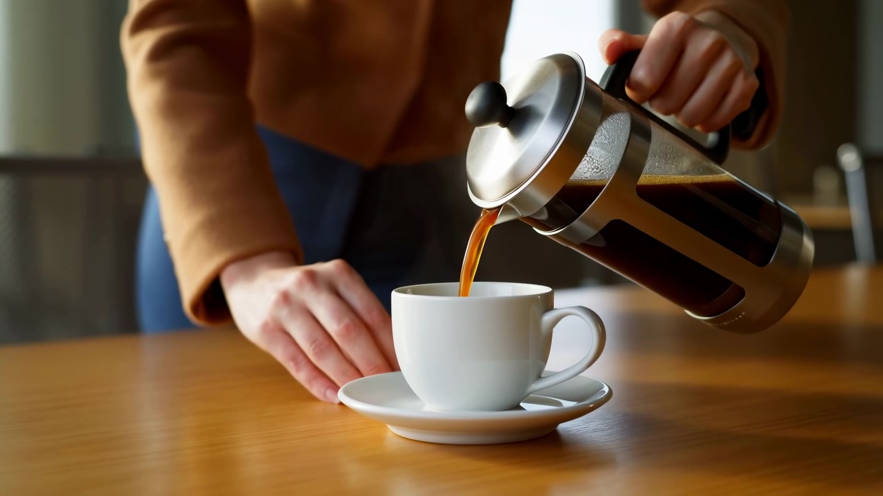 Højre hånd vipper en stempelkande i rustfrit stål for at hælde brygget kaffe i en hvid keramikkop og underkop, mens venstre hånd holder underkoppen fast på et honningfarvet træbord