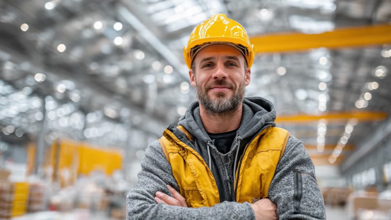 Confident Construction Worker in Safety Gear: A Close-Up View of a Skilled Individual in a Brightly Lit Industrial Environment Showcasing Dedication and Professionalism