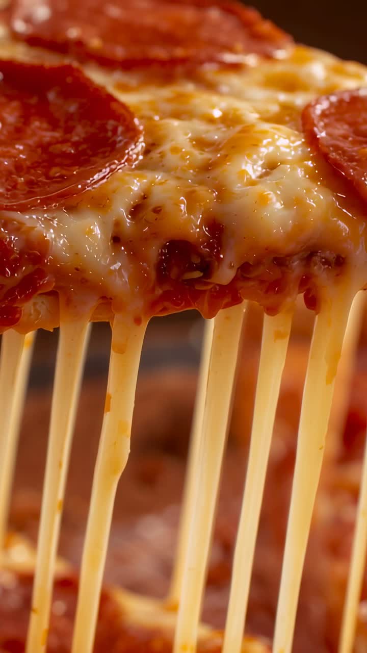 Vertikální video: Zvednutí kousku pizzy pepperoni z celého koláče u pultu, sýr se táhne dolů