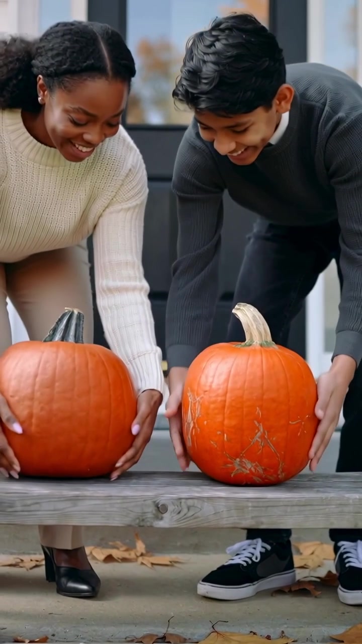 Vertical video: Starting with pumpkins mom sweater and teen placing nudging on porch bench for fall