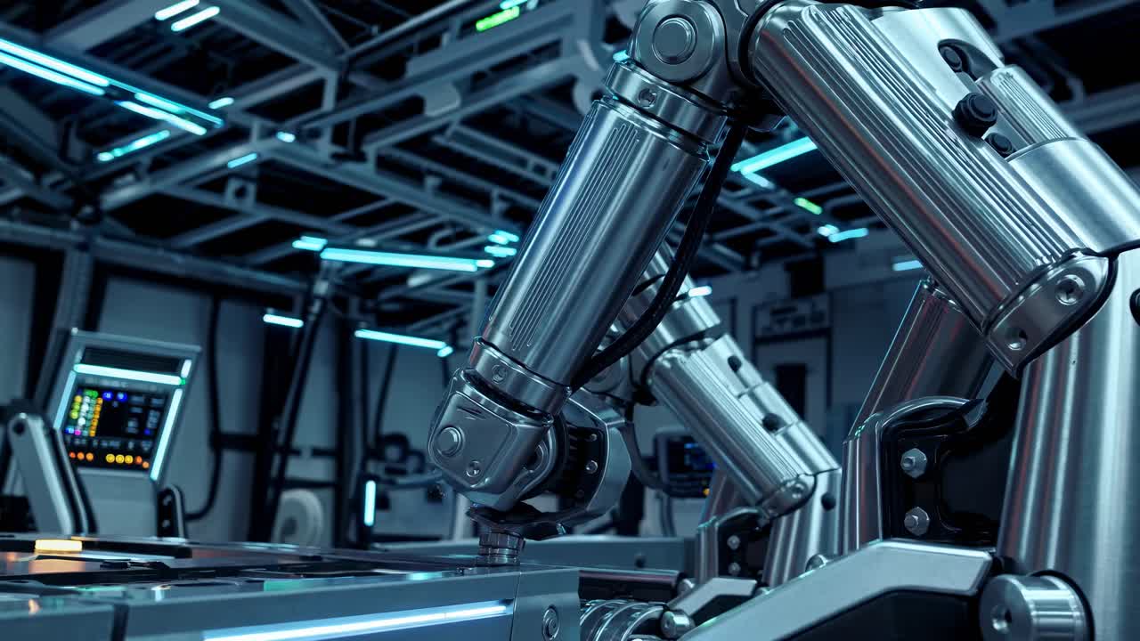 Close-up, low-angle shot of robotic arms welding with sparks flying, showcasing advanced