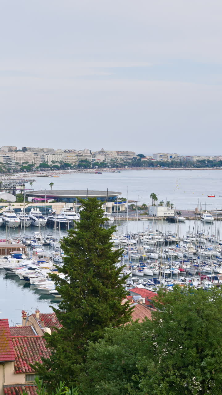 Aerial view of the harbour on the coast of Cannes, France on a cloudy day. Vertical