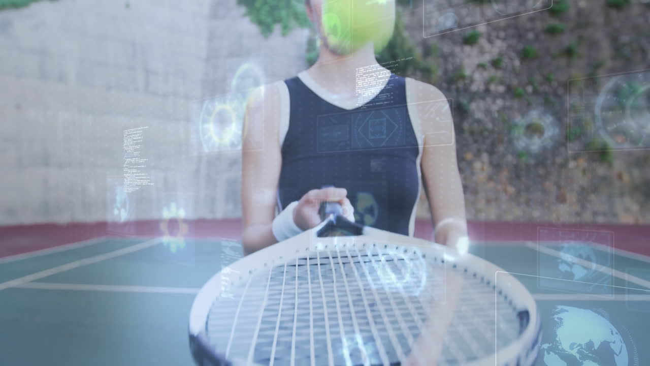 female tennis player holding racket on outdoor court, displaying technology HUD data overlays