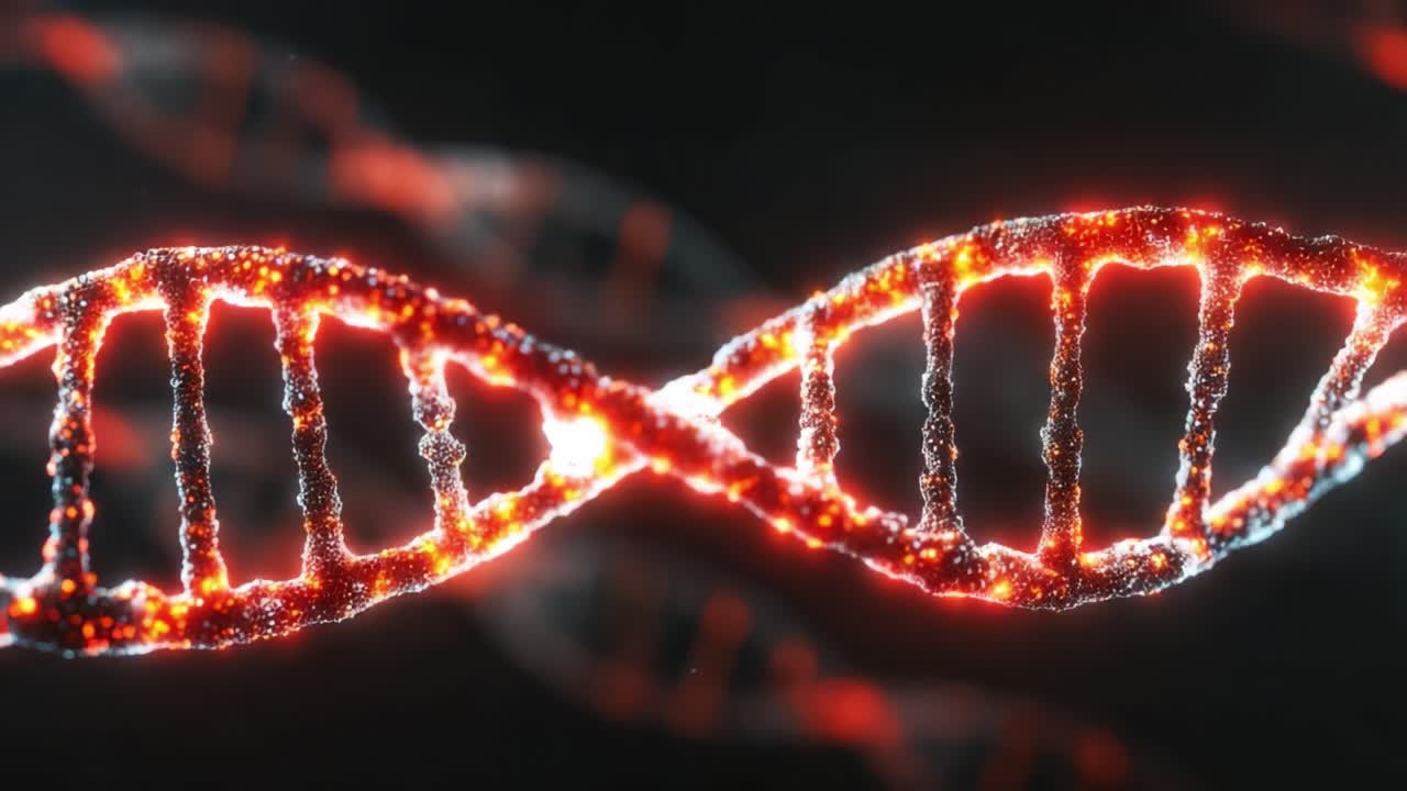 Elica di DNA illuminata con particelle scintillanti catturata in primo piano, che mostra la bellezza e la complessità delle strutture genetiche in un ambiente digitale.