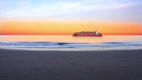 cargo ship carries freight containers in sea at sunset