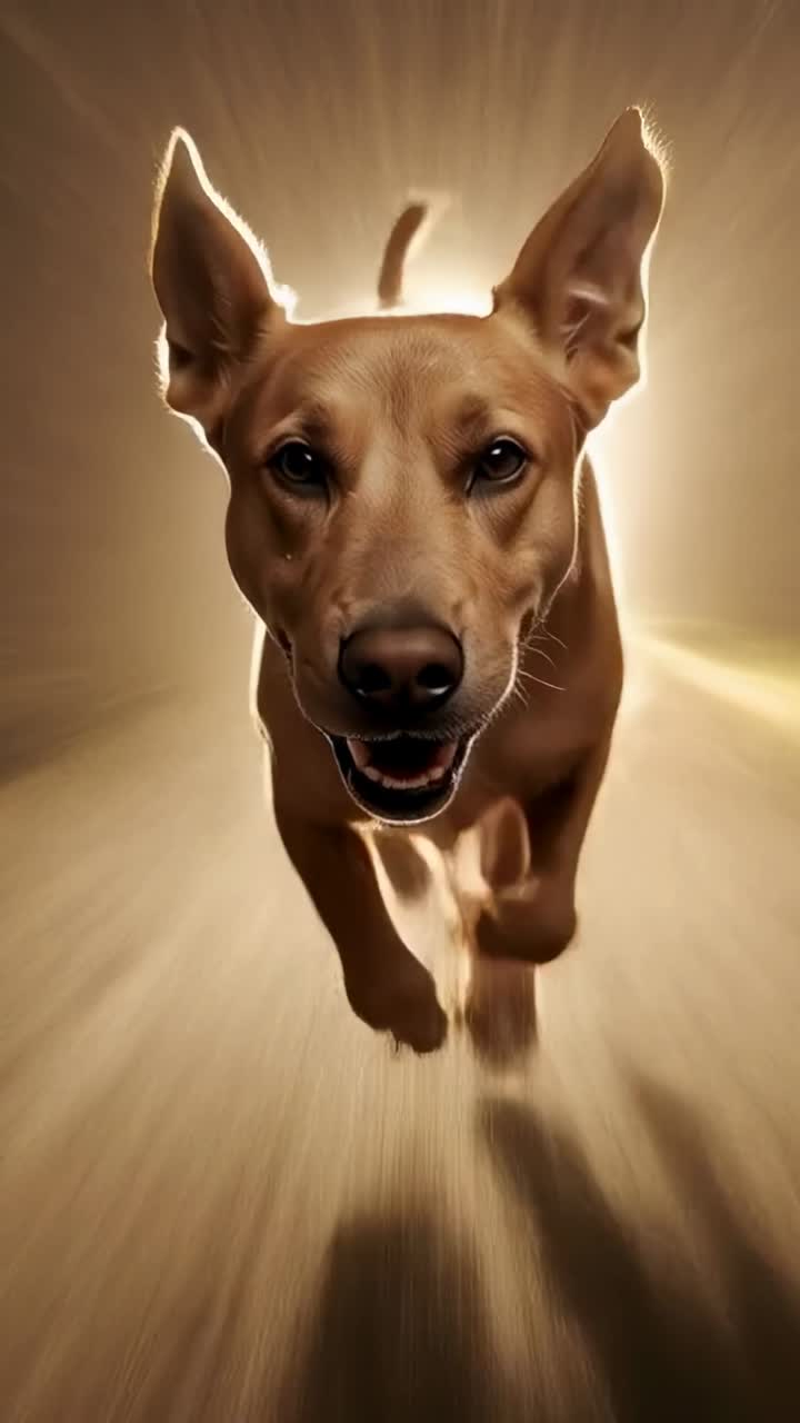 Vertical video: Running tan dog closing toward low-mounted camera on wood floor, backlight halo