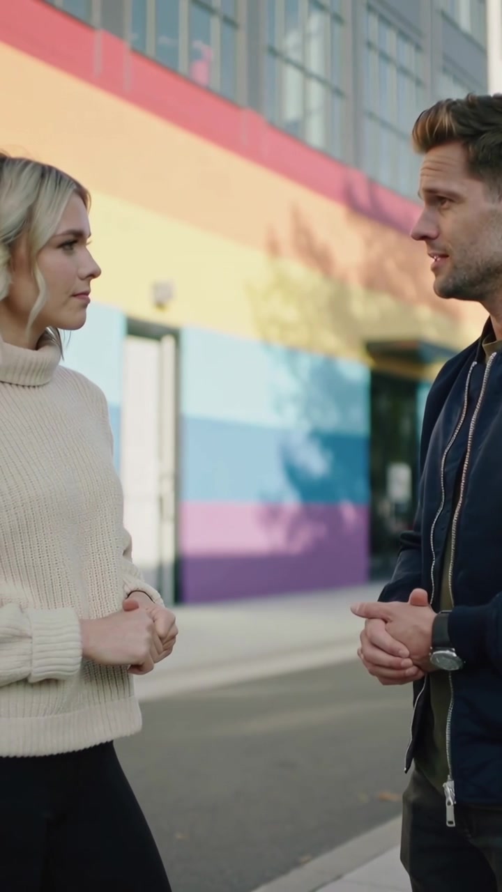 Video verticale: Uomo che inizia un discorso di marketing, gesticolando; donna che ascolta, marciapiede vicino a un muro a strisce.
