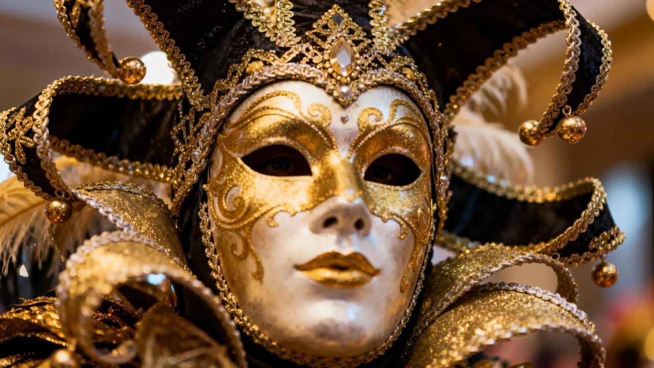 Telecamera che zooma, figura mascherata che si sporge in avanti in una sala da ballo, mostrando una maschera d'oro e un copricapo da giullare.