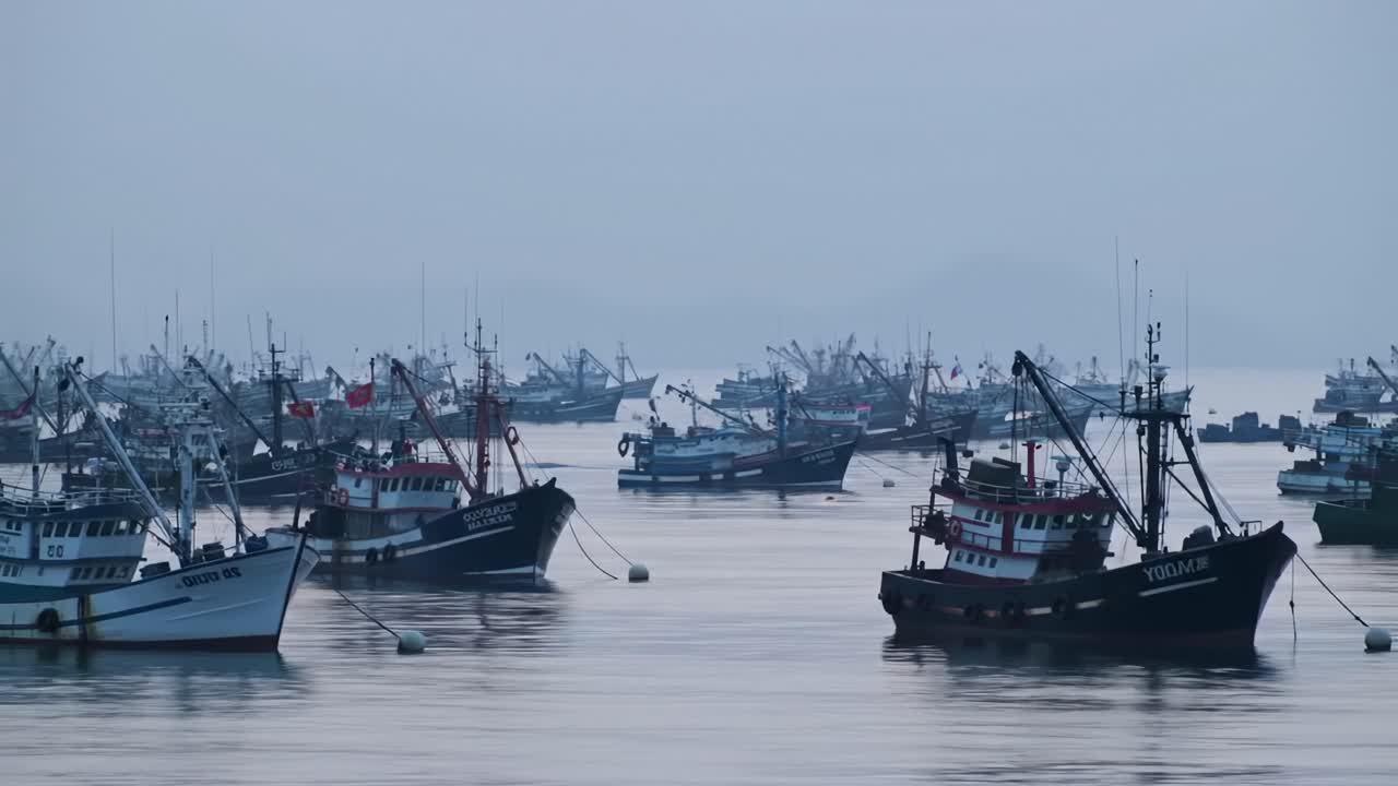 Picturesque Scene of Fishing Vessels Docked Calmly on Serene Water During Early Morning Hours, Showcasing a Collection of Boats and Tranquil Atmosphere