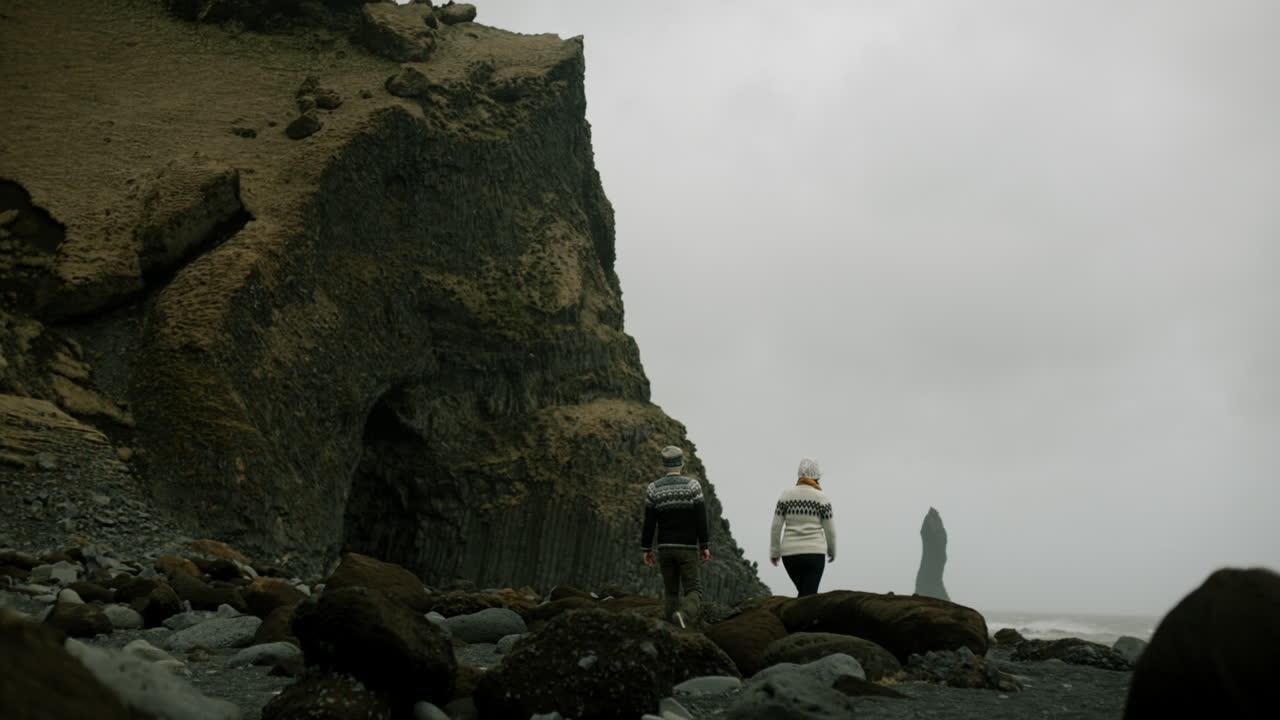 Couple Walking on a Black Sand Beach in Iceland