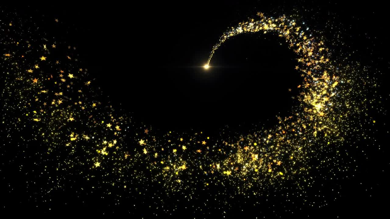Abstract gold flying stars and bokeh glitter dust particles trail crossing the screen on black