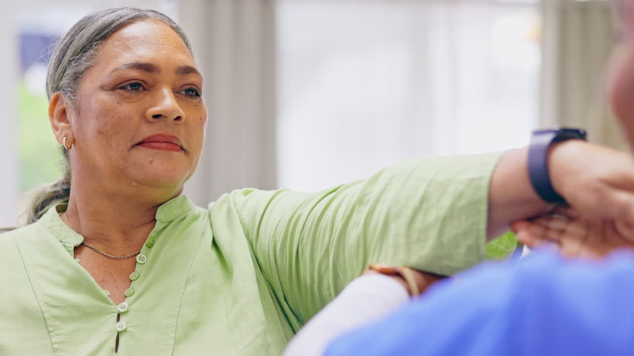 Rehabilitation, breathe and nurse with senior