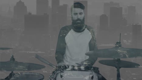 animation of moving cityscape over caucasian man playing drums in black and white