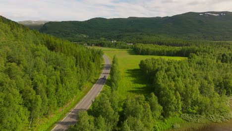 Fahrt-über-Eine-Asphaltierte-Straße,-Vorbei-An-Bewaldeten-Bergen-In-Norwegen