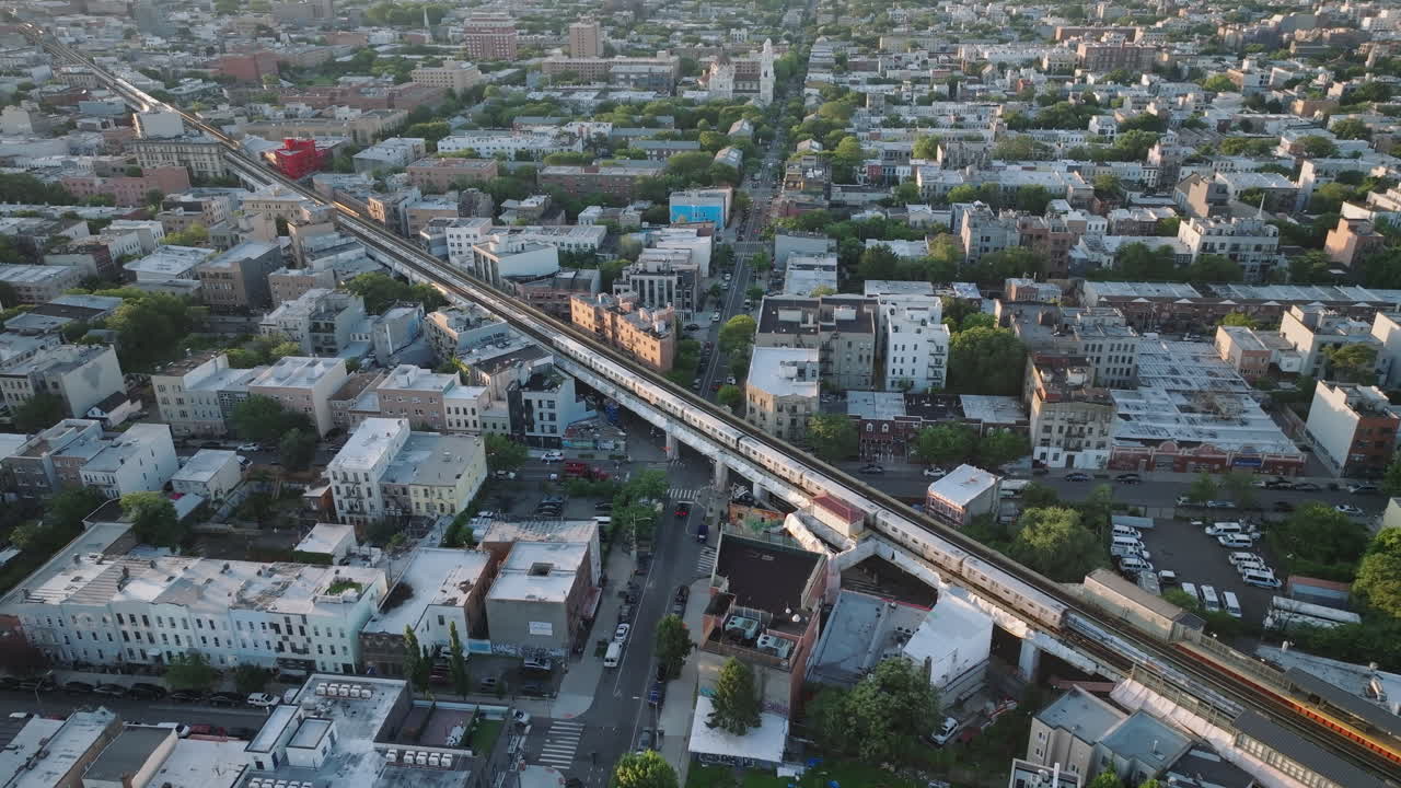 Aerial view of the subway in Brooklyn at sunrise. Shot in New York City.
