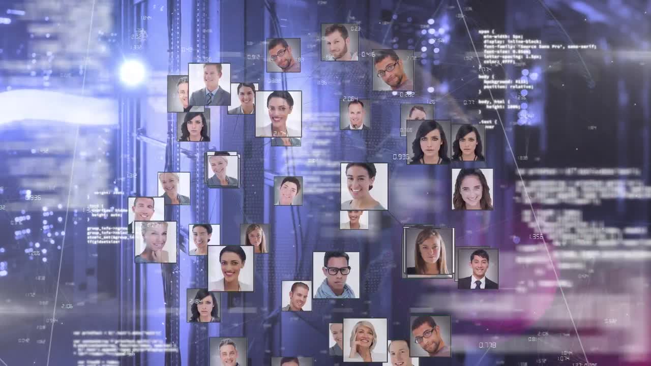 Animation of globe made of user photos rotating over data processing on violet background