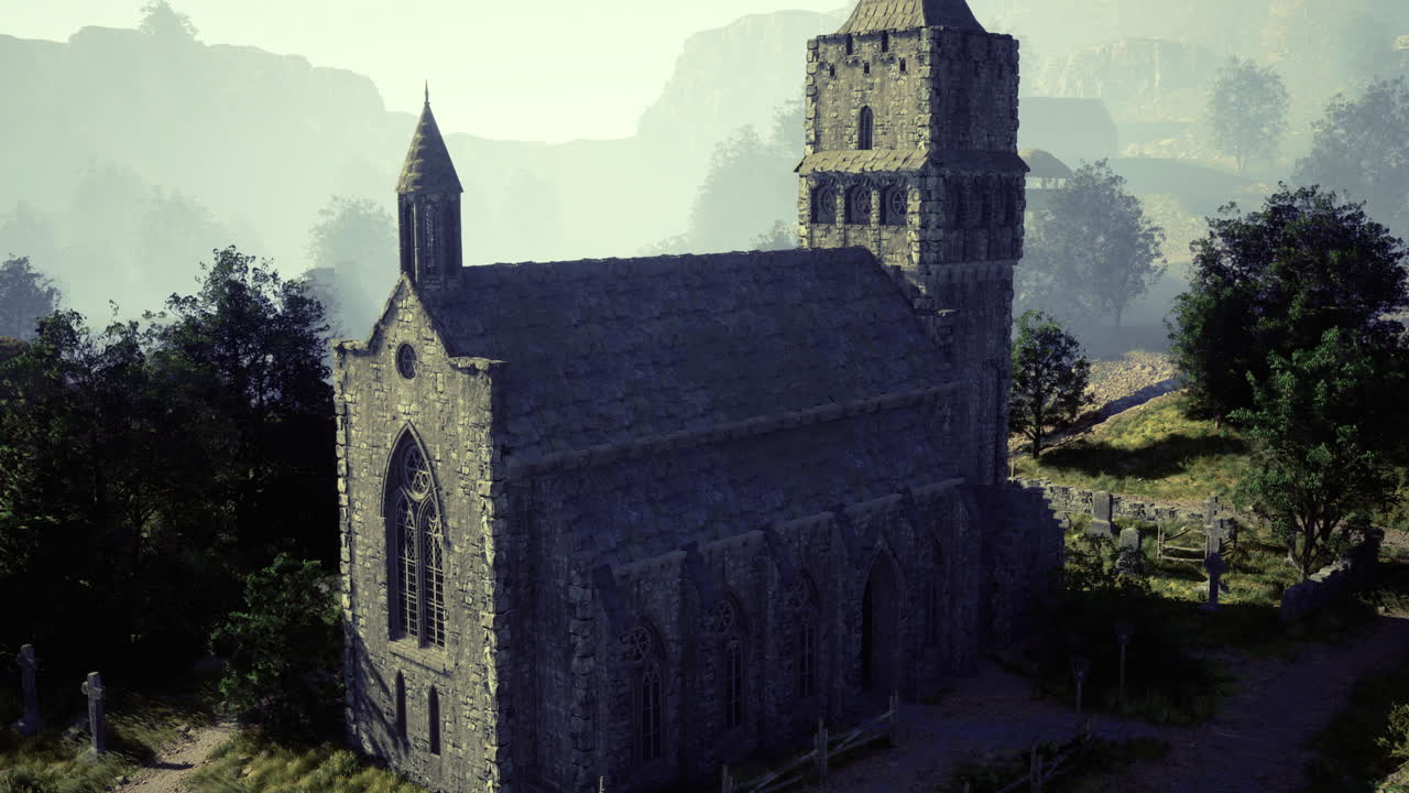 Historic stone church surrounded by lush greenery in misty landscape