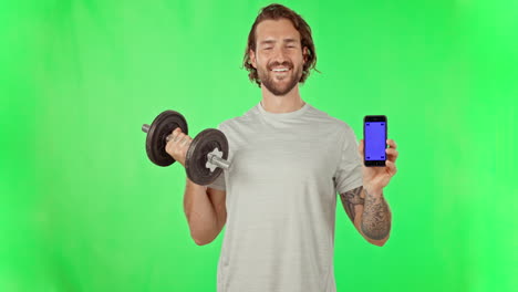 Man,-exercise-and-dumbbell-with-green-screen-phone