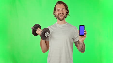 hombre, ejercicio y mancuerna con teléfono de pantalla verde