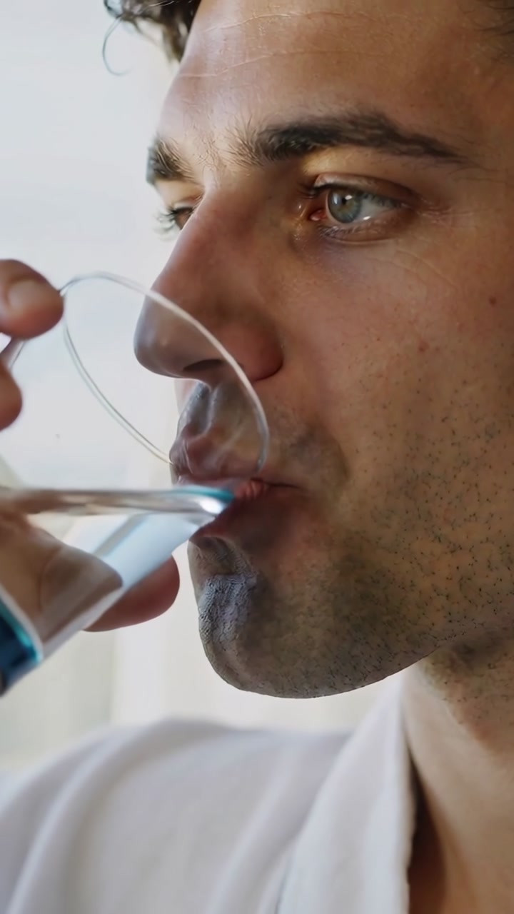 Vertical video: Sipping man in light top raising clear glass to lips at window, quenching thirst