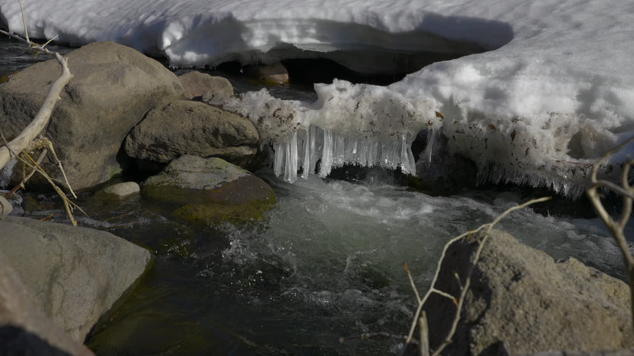 Water Flowing Through The Stream With Snow And Icicles. - closeup shot