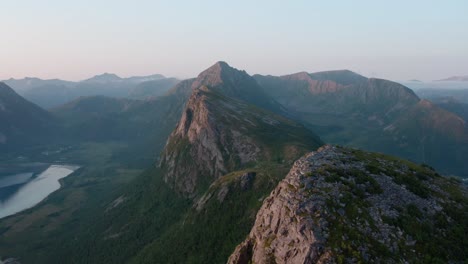 mountain peak and fjord in strytinden, norway - aerial shot