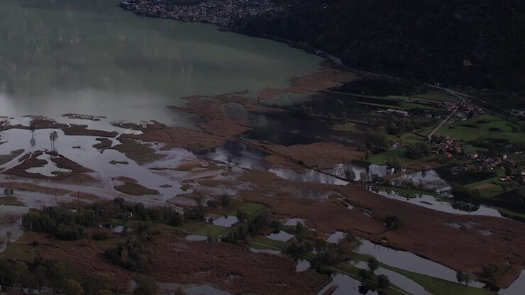 Drone view of the beautiful Alps in northern Italy with water reflections