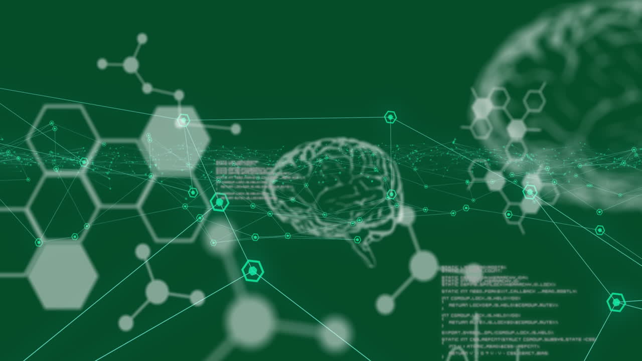 녹색 배경에 대한 의료 데이터 처리 및 연결 네트워크의 디지털 애니메이션