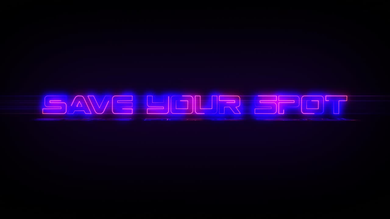 destellando guarde su lugar letrero de neón azul eléctrico y rosa parpadeando con parpadeo, reflejo y luces anamórficas en 4k