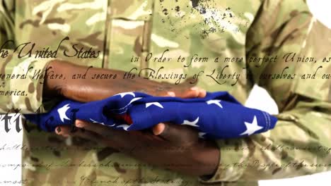 animation of american flag and text over african american male soldier