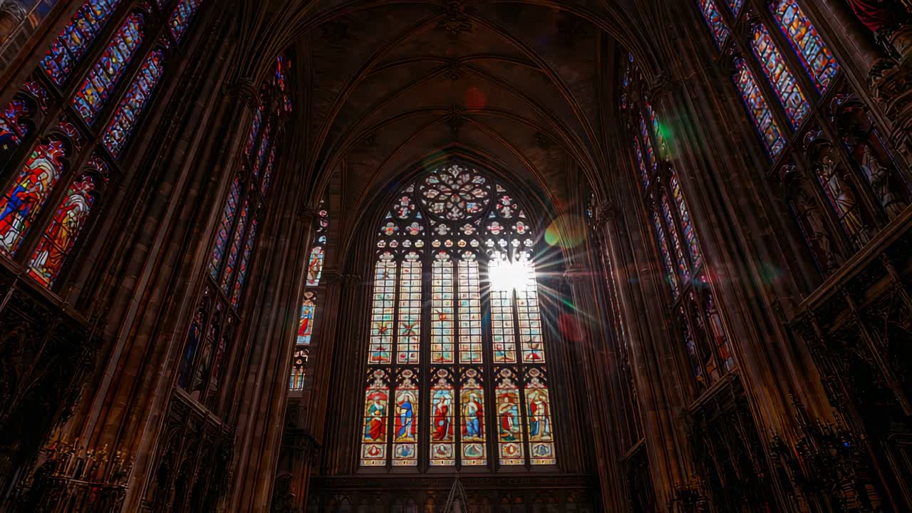 Sun moving behind stained glass window, casting lens flares across cathedral nave ornate tracery