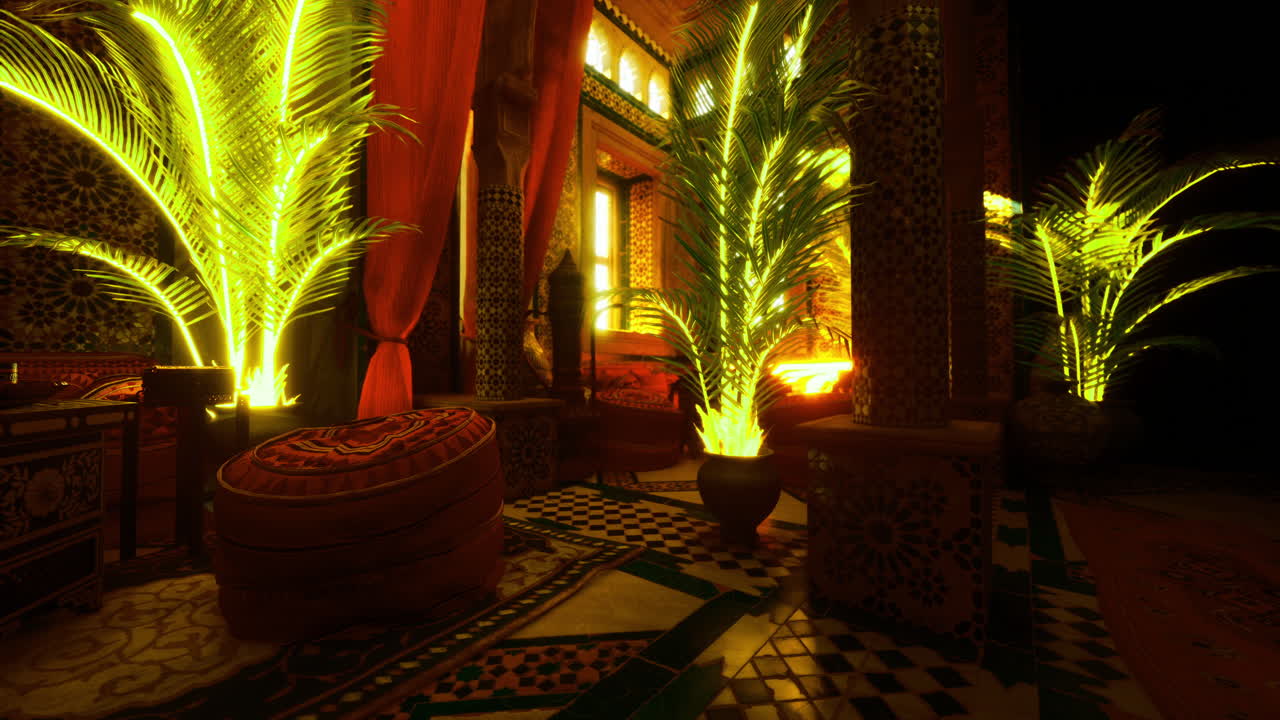 Decorative interior with vibrant palm trees illuminated at sunset