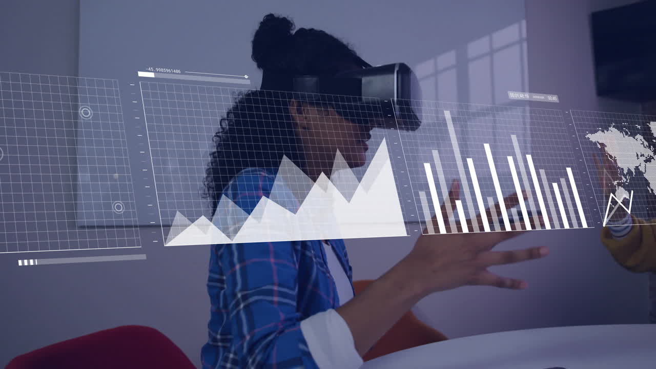 Animation of data processing over biracial businesswoman using vr headset