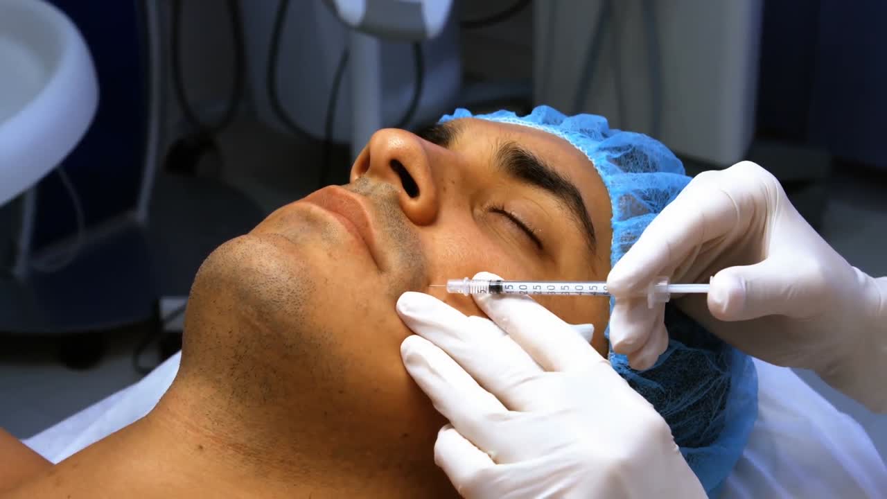 médico insertando una inyección facial en la cara del paciente masculino