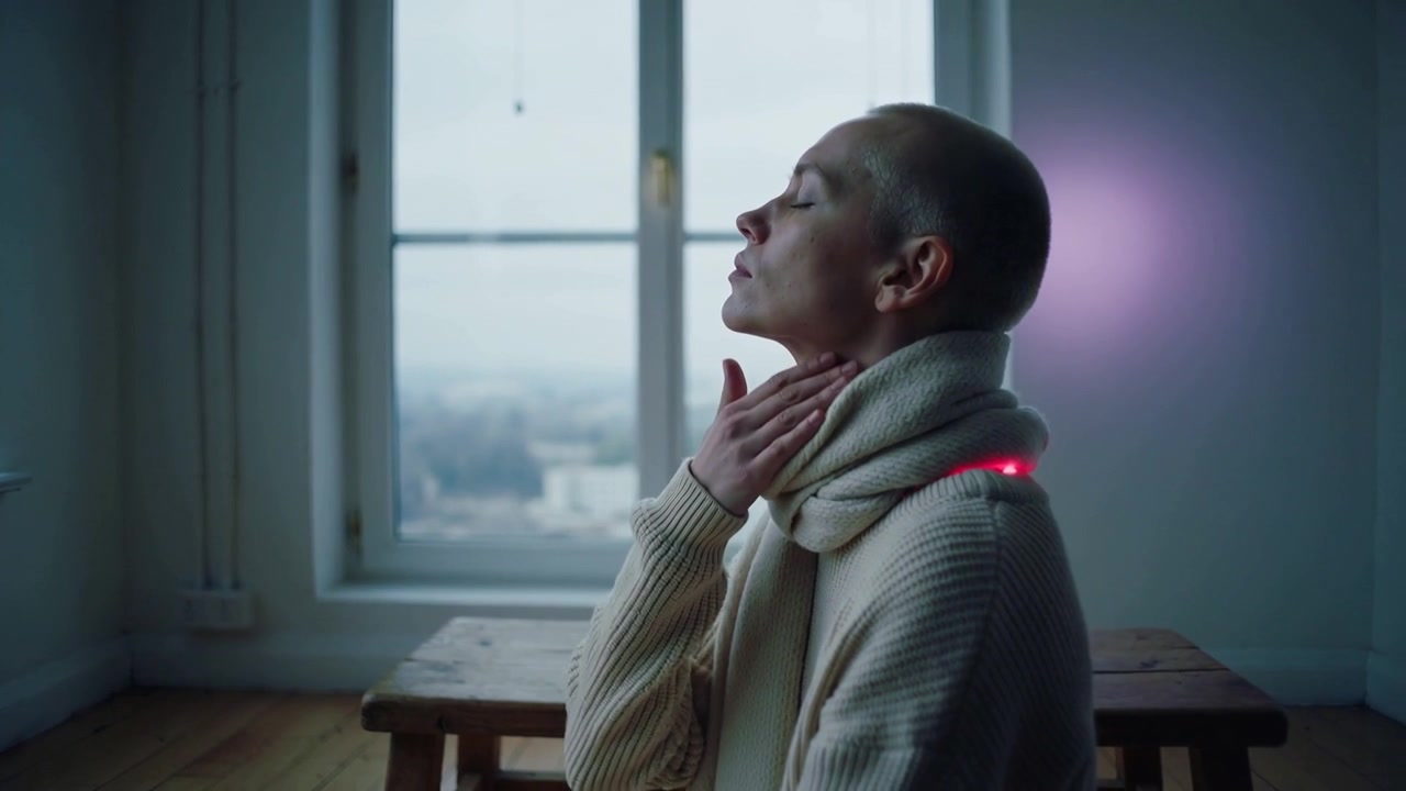 Donna con la testa rasata in maglione di lana che porta un dispositivo alla bocca in una stanza silenziosa, con una sciarpa a LED pulsanti.