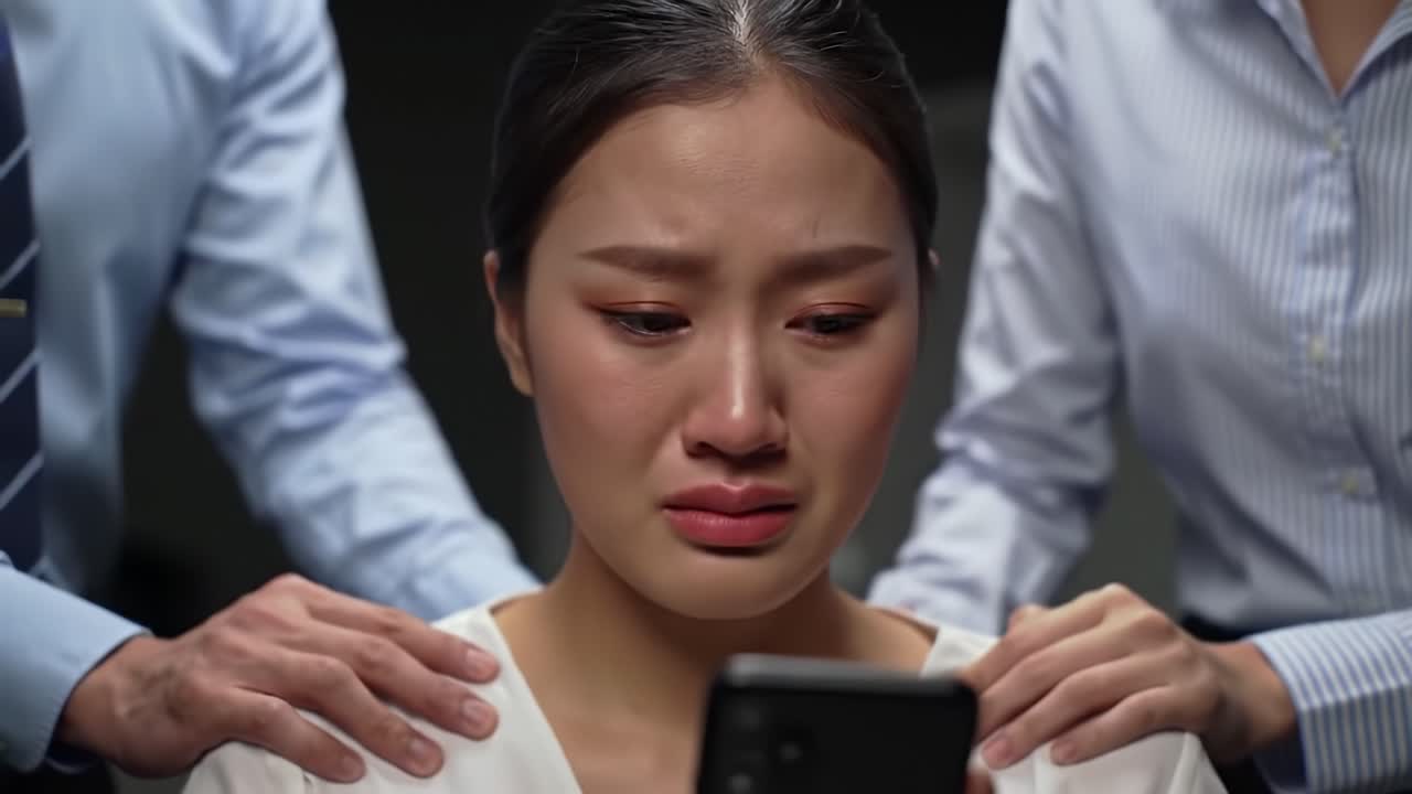 A woman expresses deep emotion while looking at her phone, surrounded by concerned friends. The atmosphere is tense as they offer comfort during a difficult time.