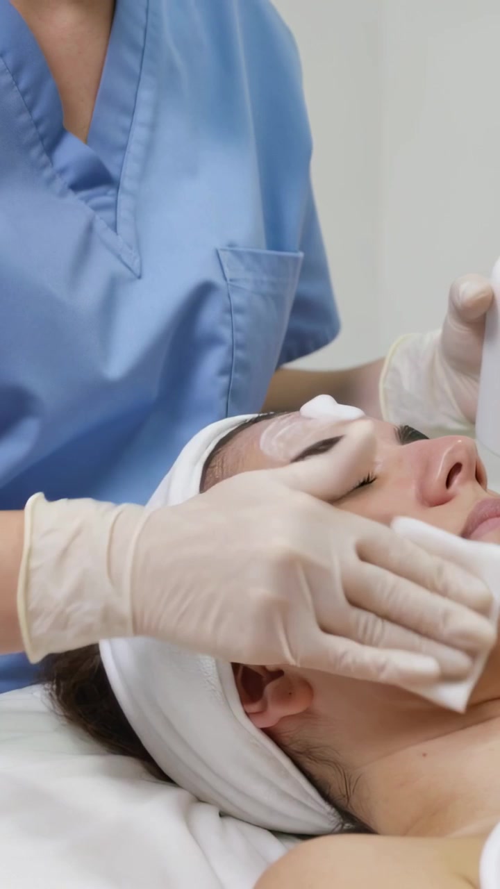 Video verticale: Azionando una pompa, un'estetista in camice e guanti pulisce il viso in una spa, detergendo con dei dischetti.