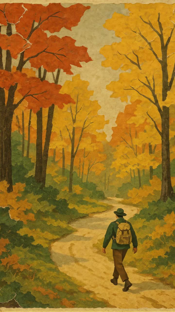 Vintage-style video still of a lone hiker on a forest path