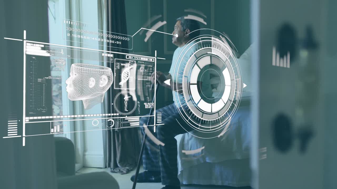 interfaz digital con procesamiento de datos médicos contra un hombre mayor con bastón sentado en la cama