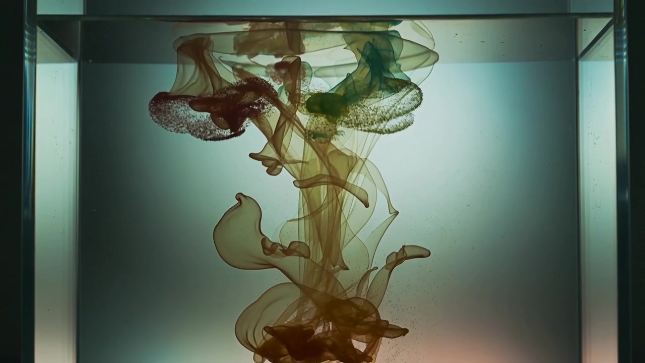 Releasing brownish-red dye plume into water-filled glass tank, merging with teal to show mixing
