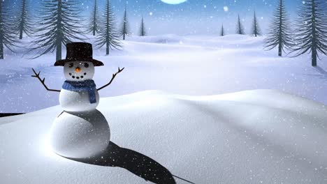 Animation-of-snow-falling-over-smiling-snowman-in-winter-scenery