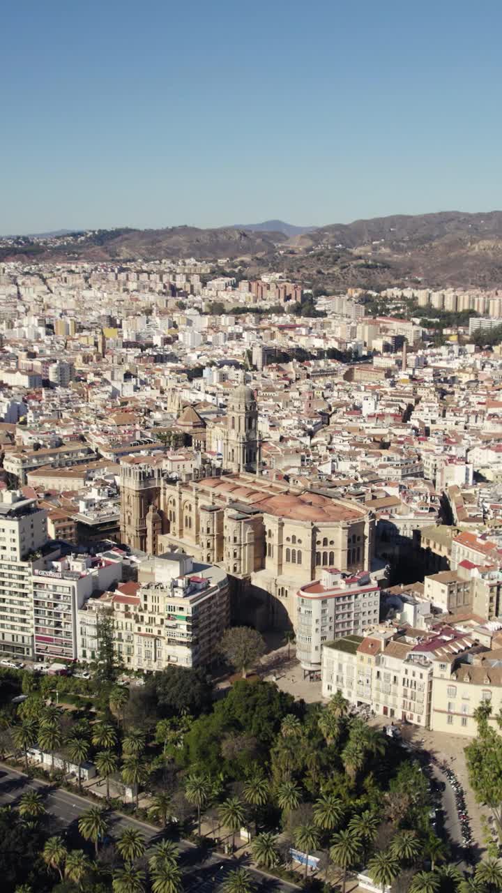 Veduta aerea verticale che cattura la vasta distesa urbana di Malaga, con la sua storica cattedrale che si erge sopra i tetti.