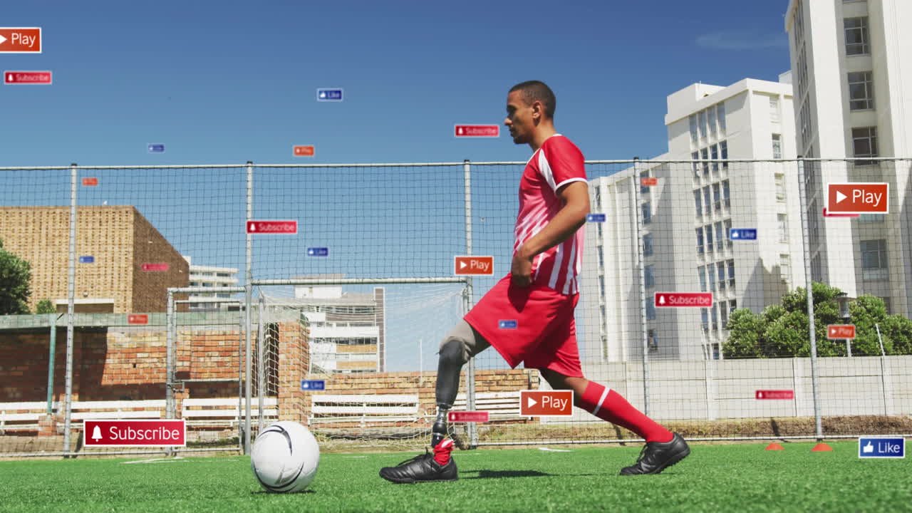male soccer player kicking ball on turf featuring prosthetic leg and social icons for technology