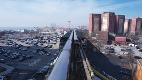 modern train at west 8th street, near new york aquarium, usa